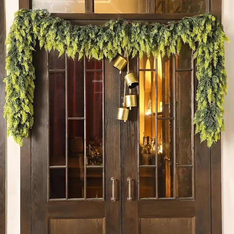 Artificial Evergreen Garland Set with Hanging Brass Bells
