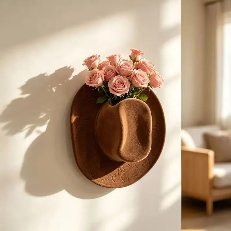 Brown Felt Hat-Shaped Wall Vase with Embossed Brim - photo 4