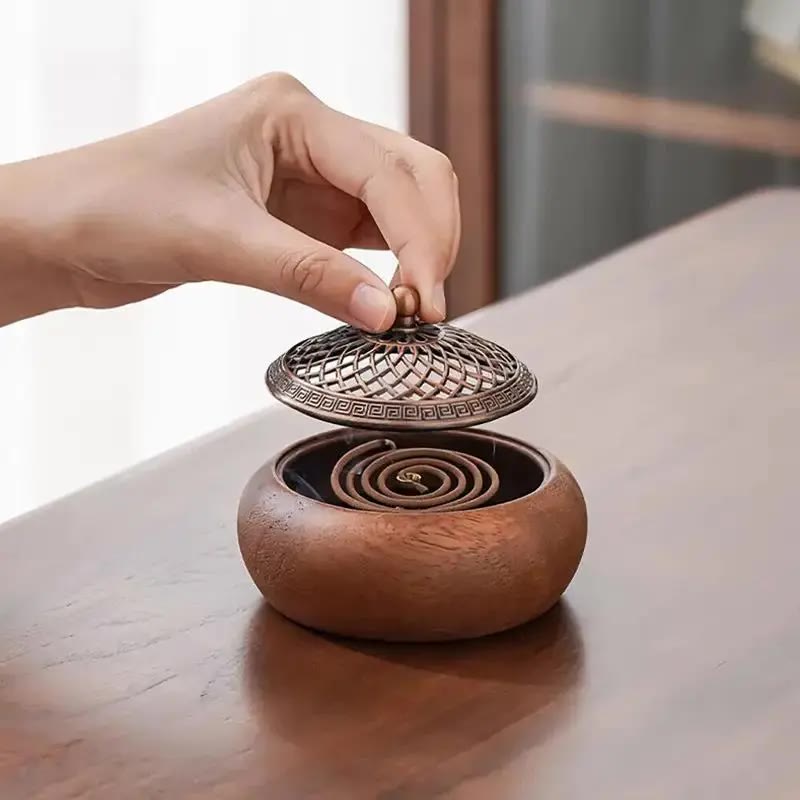 Round Wooden Incense Burner with Pierced Metal Lid - photo 2