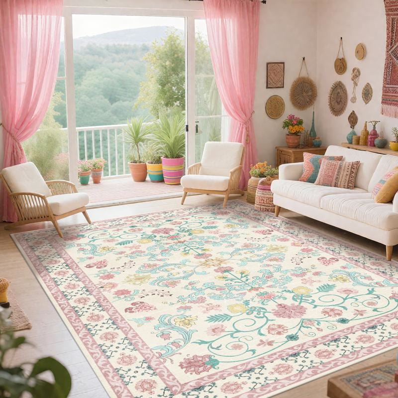Cream Floral Area Rug with Pink Border