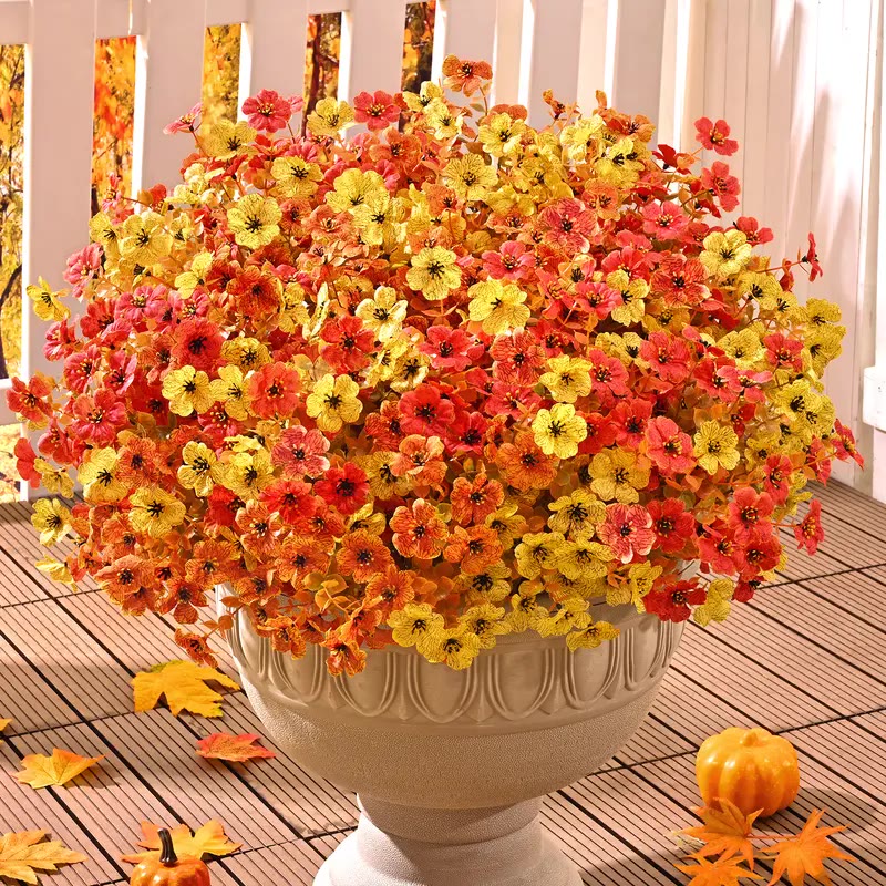 Orange Artificial Flower Bush Stems in Wooden Bucket - photo 4