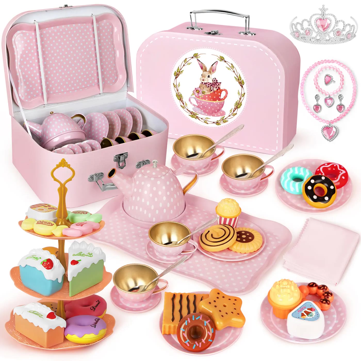 Pink Polka Dot Toy Tea Set with Carry Case