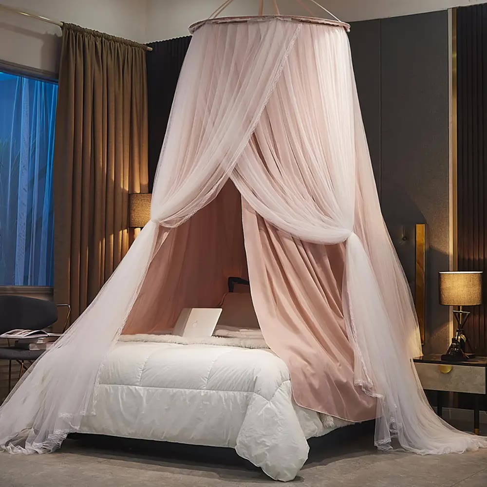 Round Double-Layer Bed Canopy in Pale Pink