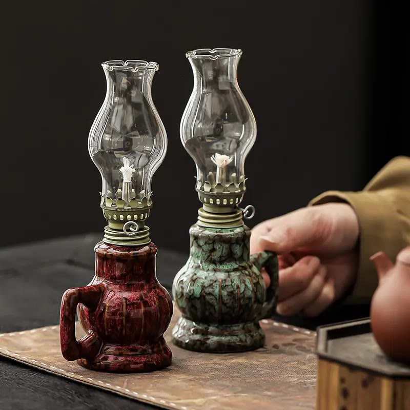 Green Glazed Ceramic Oil Lamp with Glass Chimney - photo 4