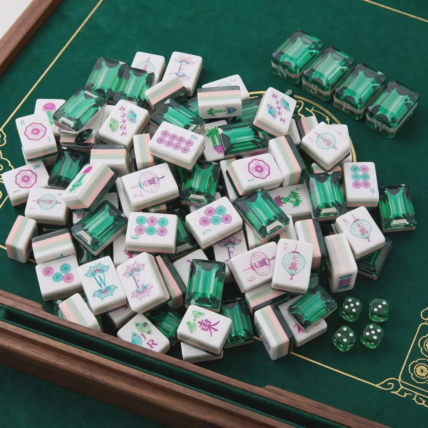 Green and White Mahjong Tile Set With Dice