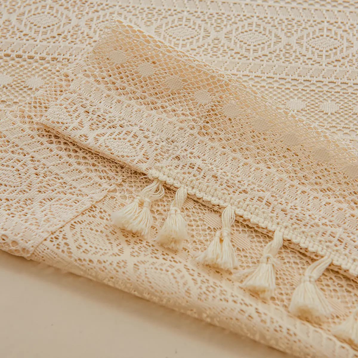 Cream Lace Curtain Panels with Tassel Trim for Patio - photo 4