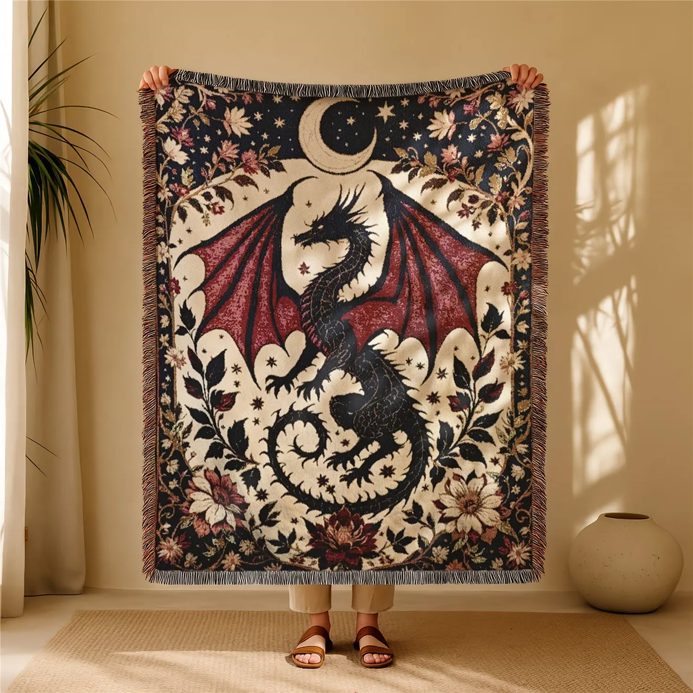 Woven Dragon Pattern Throw Blanket with Fringe