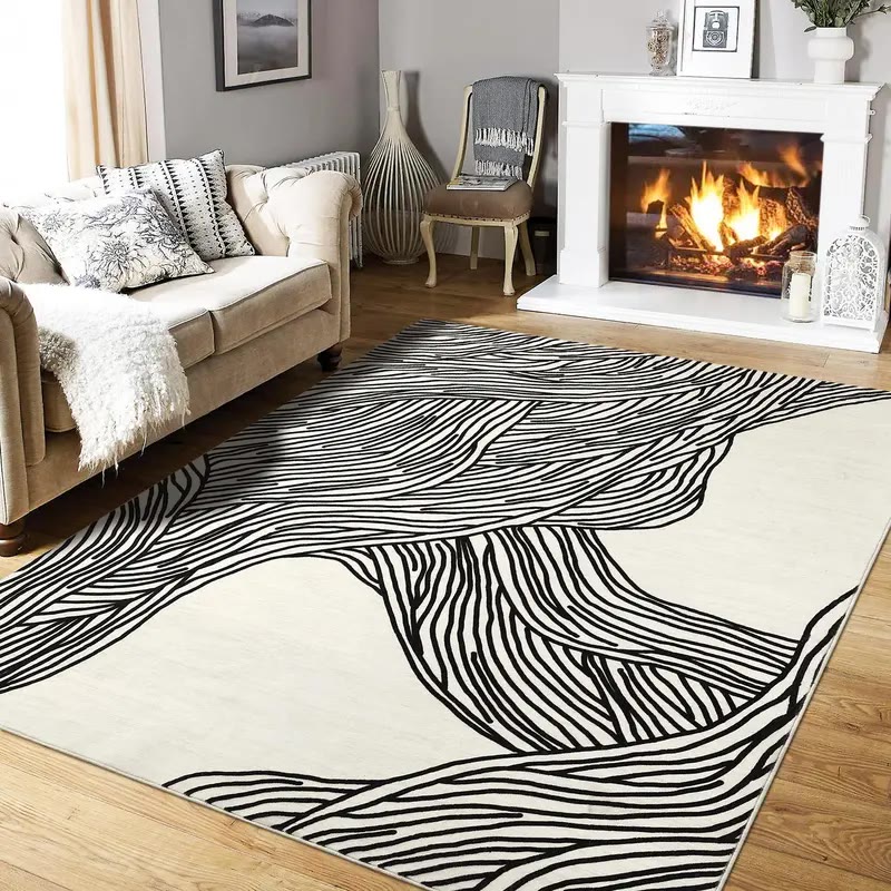 Cream Area Rug with Black Wavy Line Pattern - photo 2