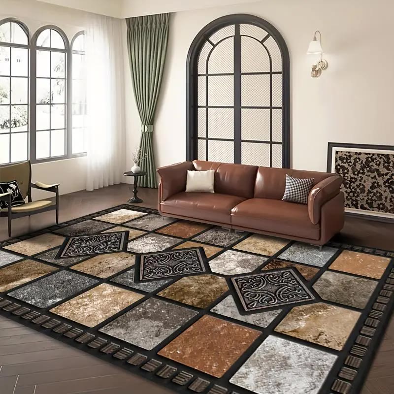 Patchwork Tile Print Area Rug, Black Border - photo 3
