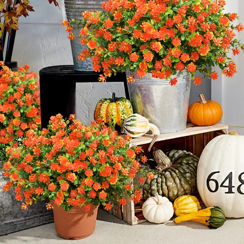Orange Artificial Flower Bush Stems in Wooden Bucket - photo 3