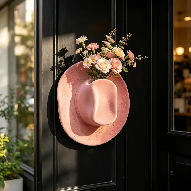 Brown Felt Hat-Shaped Wall Vase with Embossed Brim - photo 3