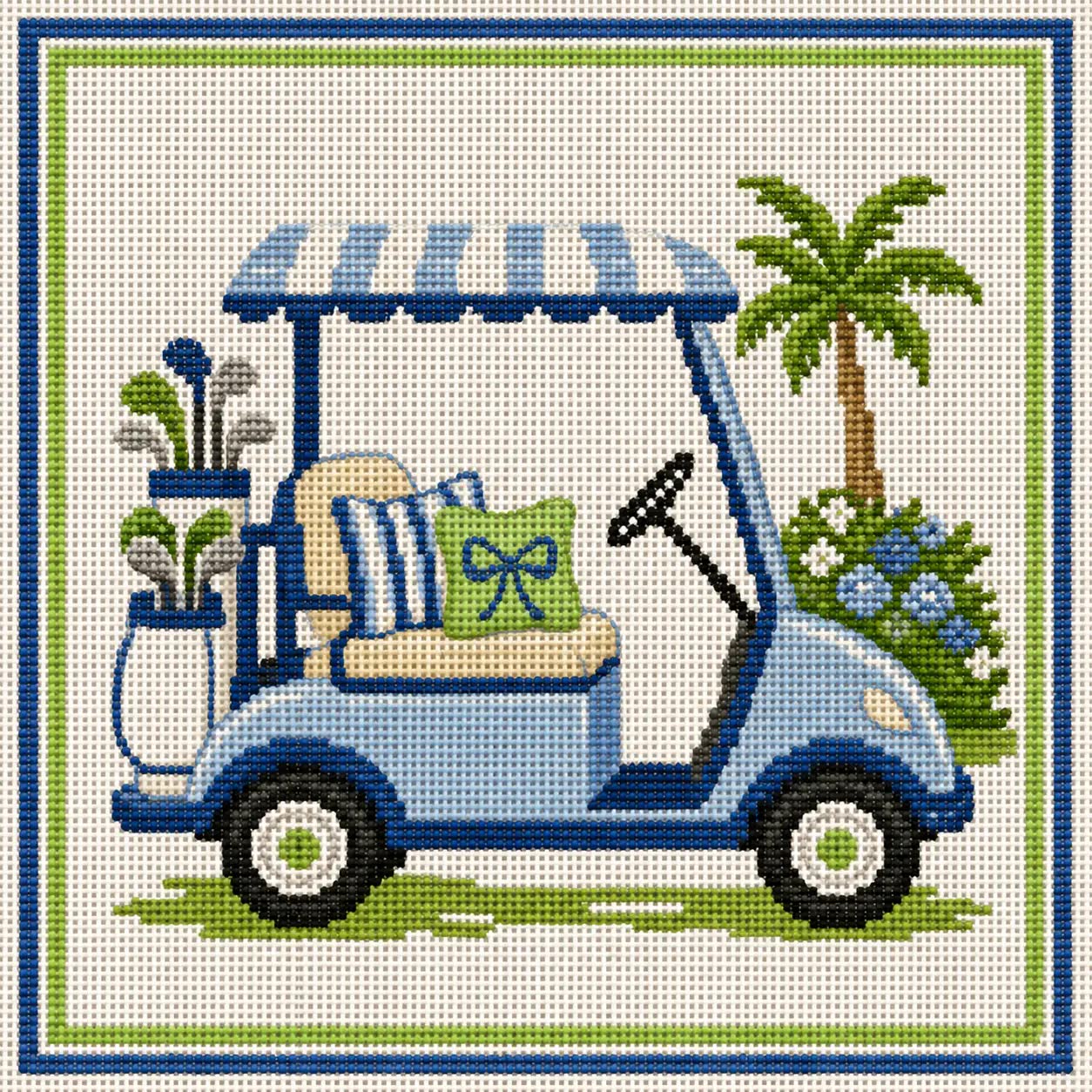 Blue and Green Golf Cart Needlepoint Canvas