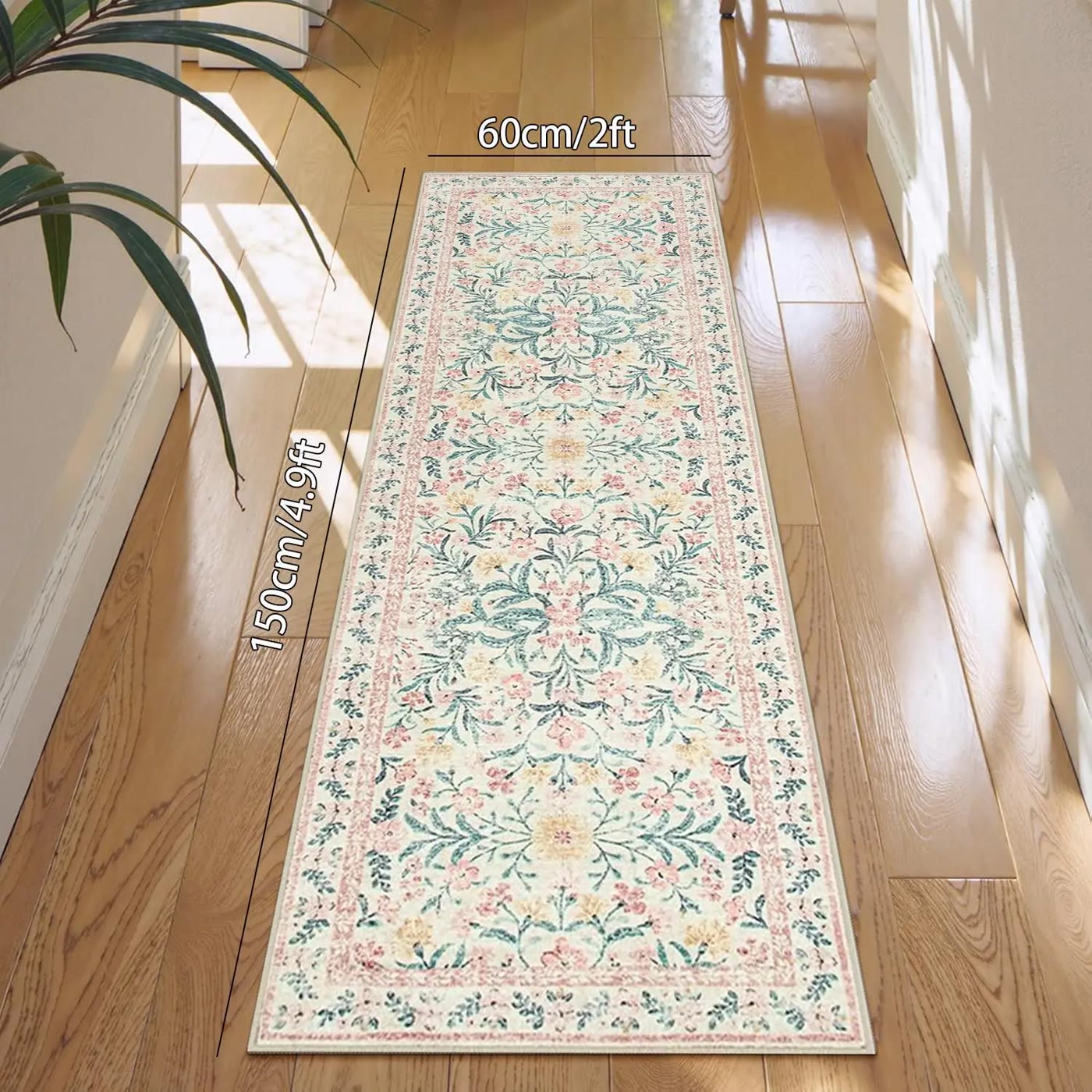 Cream Floral Runner Rug with Pink and Teal Pattern - photo 3