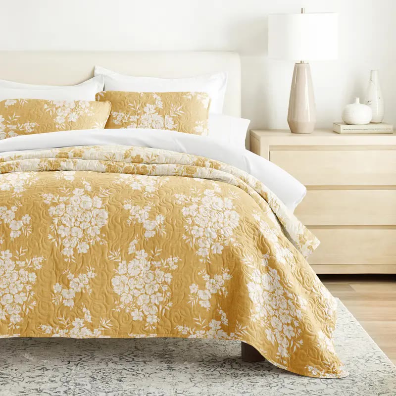 Yellow Floral Reversible Quilted Coverlet with Shams - photo 2