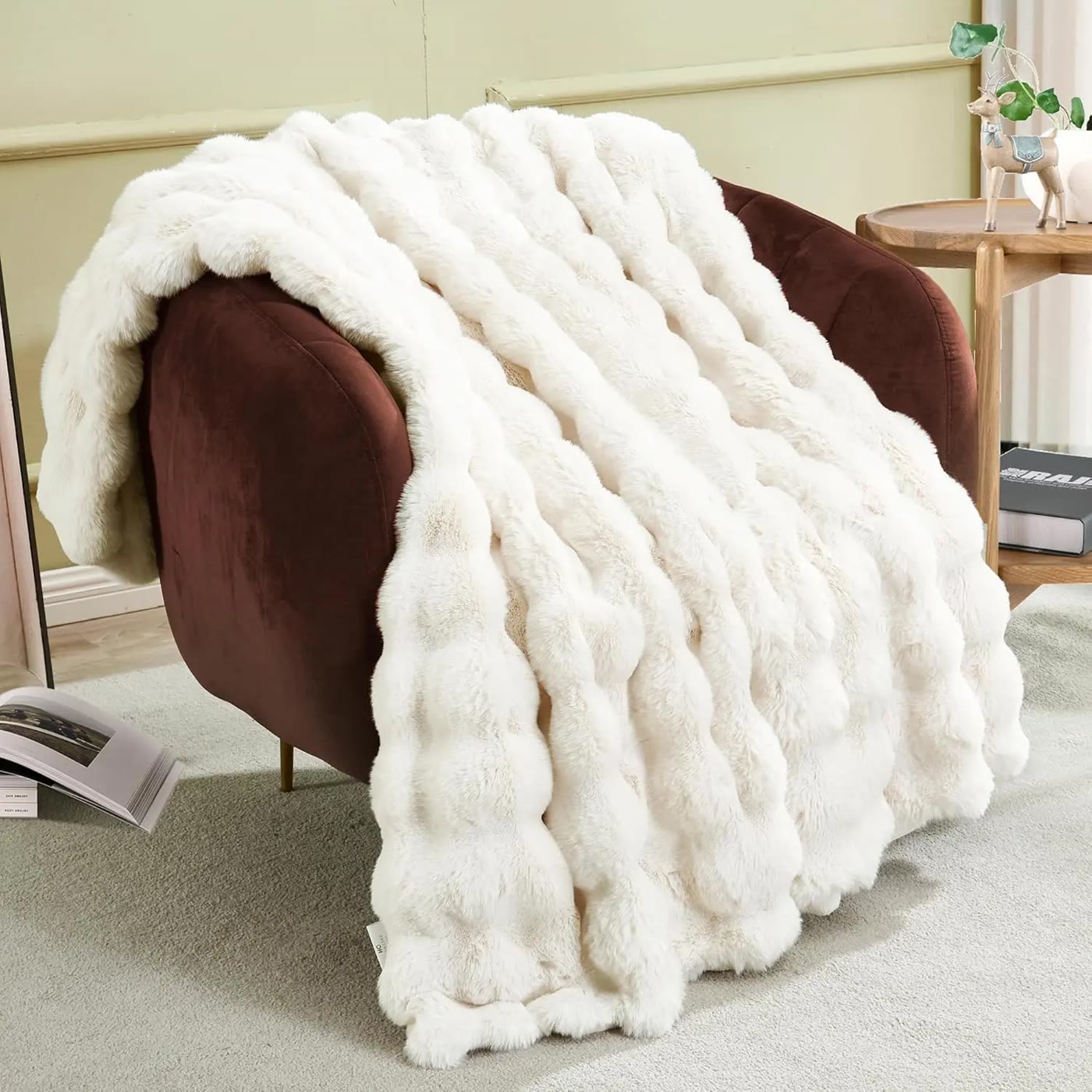 Cream Textured Faux Fur Throw Blanket With Bubble Pattern