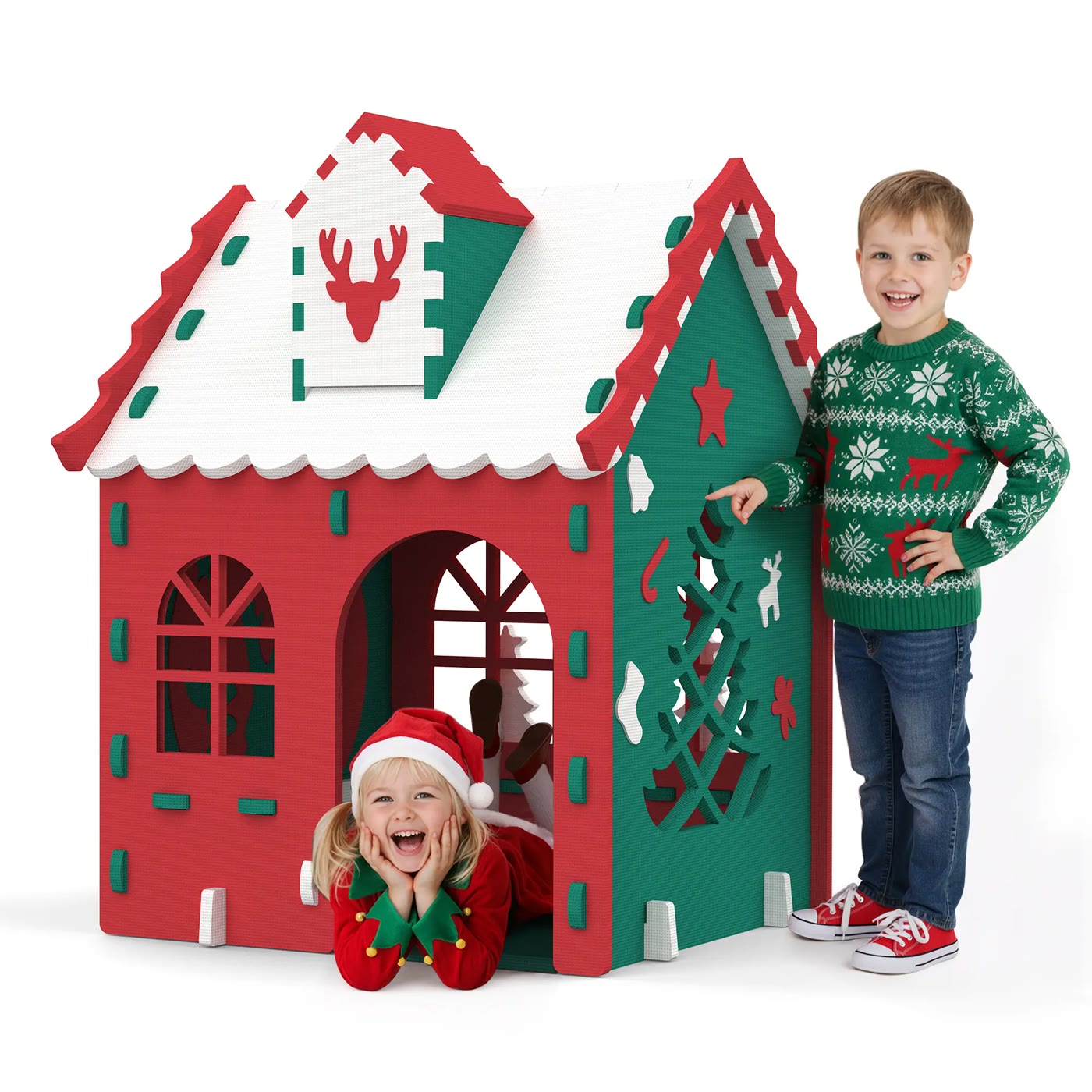 Red and Green Foam Playhouse With Snowy White Roof