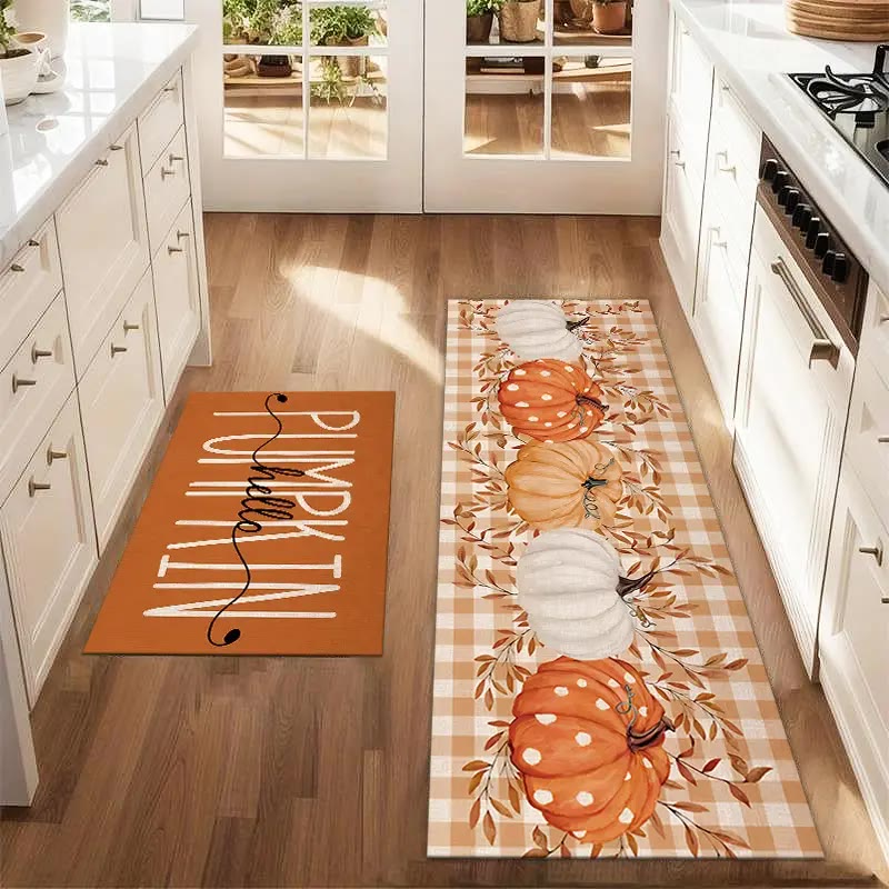Orange Pumpkin Print Kitchen Mat Set of Two