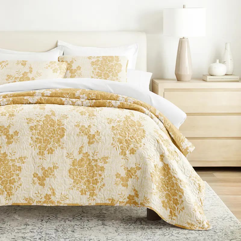 Yellow Floral Reversible Quilted Coverlet with Shams - photo 3