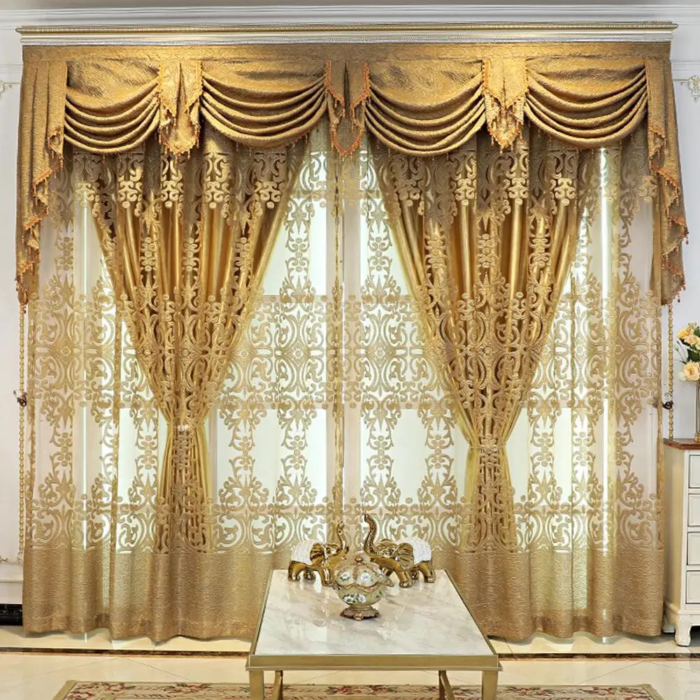 Gold Embroidered Curtain Set with Valance