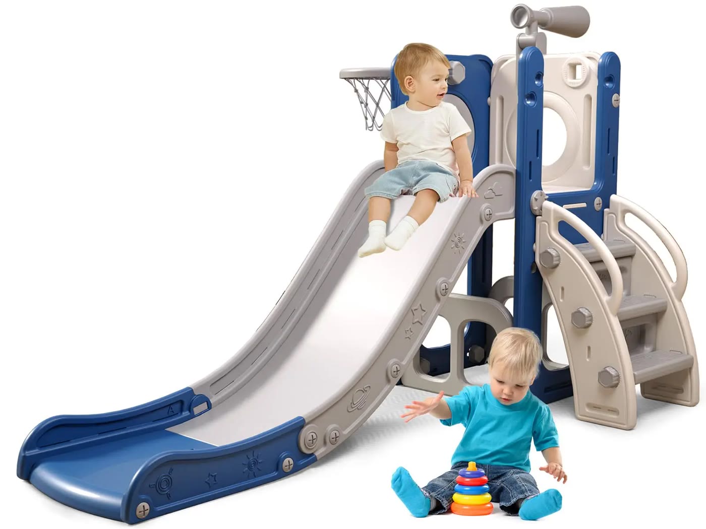 Blue and Grey Toddler Slide Playset with Hoop