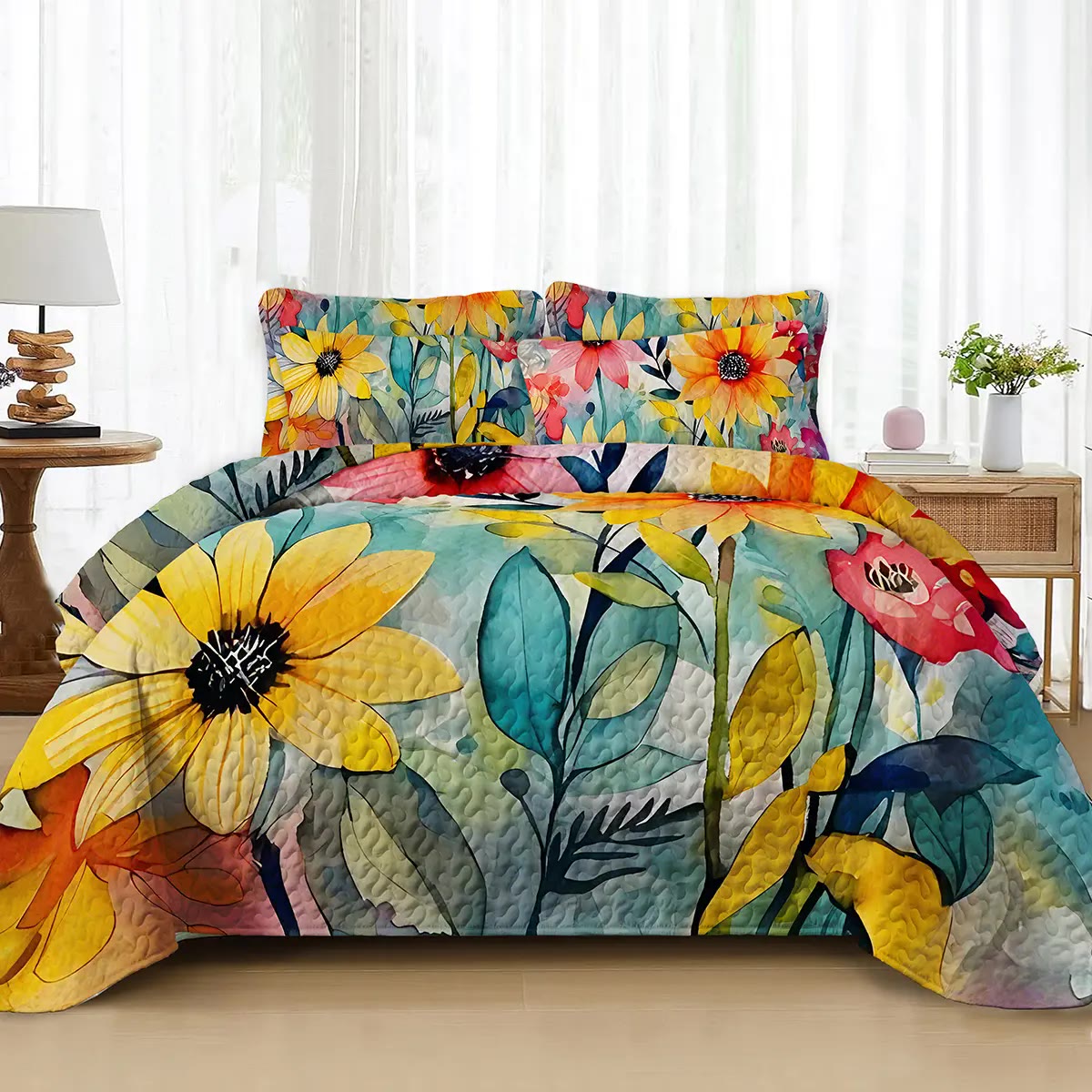 Quilted Bedspread Set with Sunflower Print