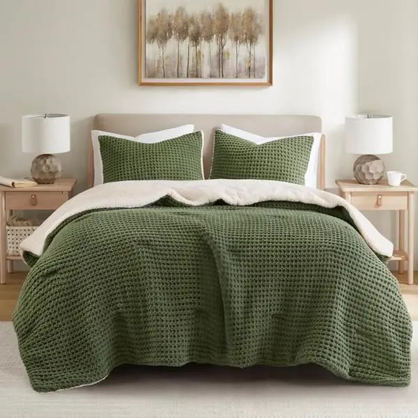 Olive Green Waffle Weave Comforter Set with Shams