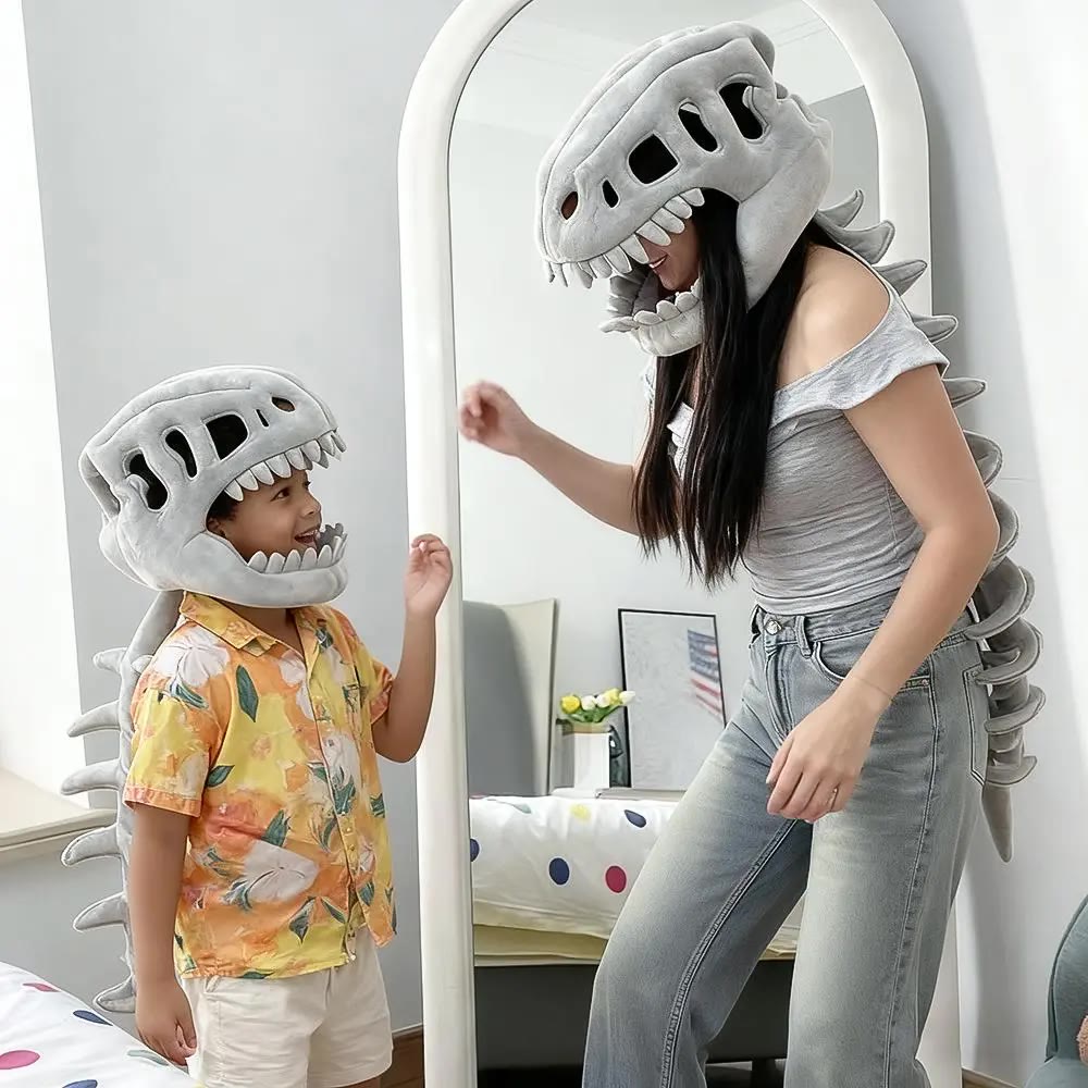 Plush Grey Dinosaur Skull Hood with Spines