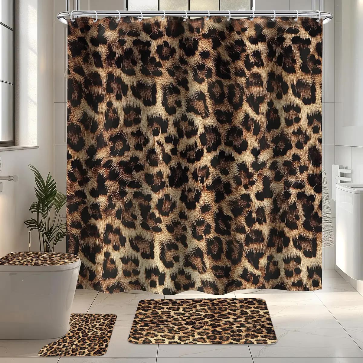 Leopard Print Fabric Shower Curtain with Hooks - photo 2