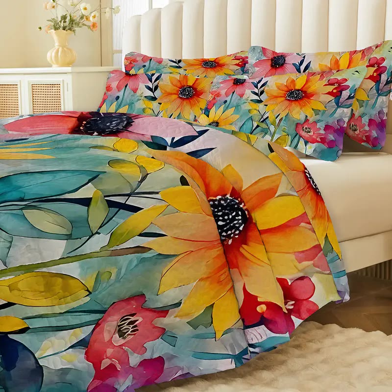 Quilted Bedspread Set with Sunflower Print - photo 3
