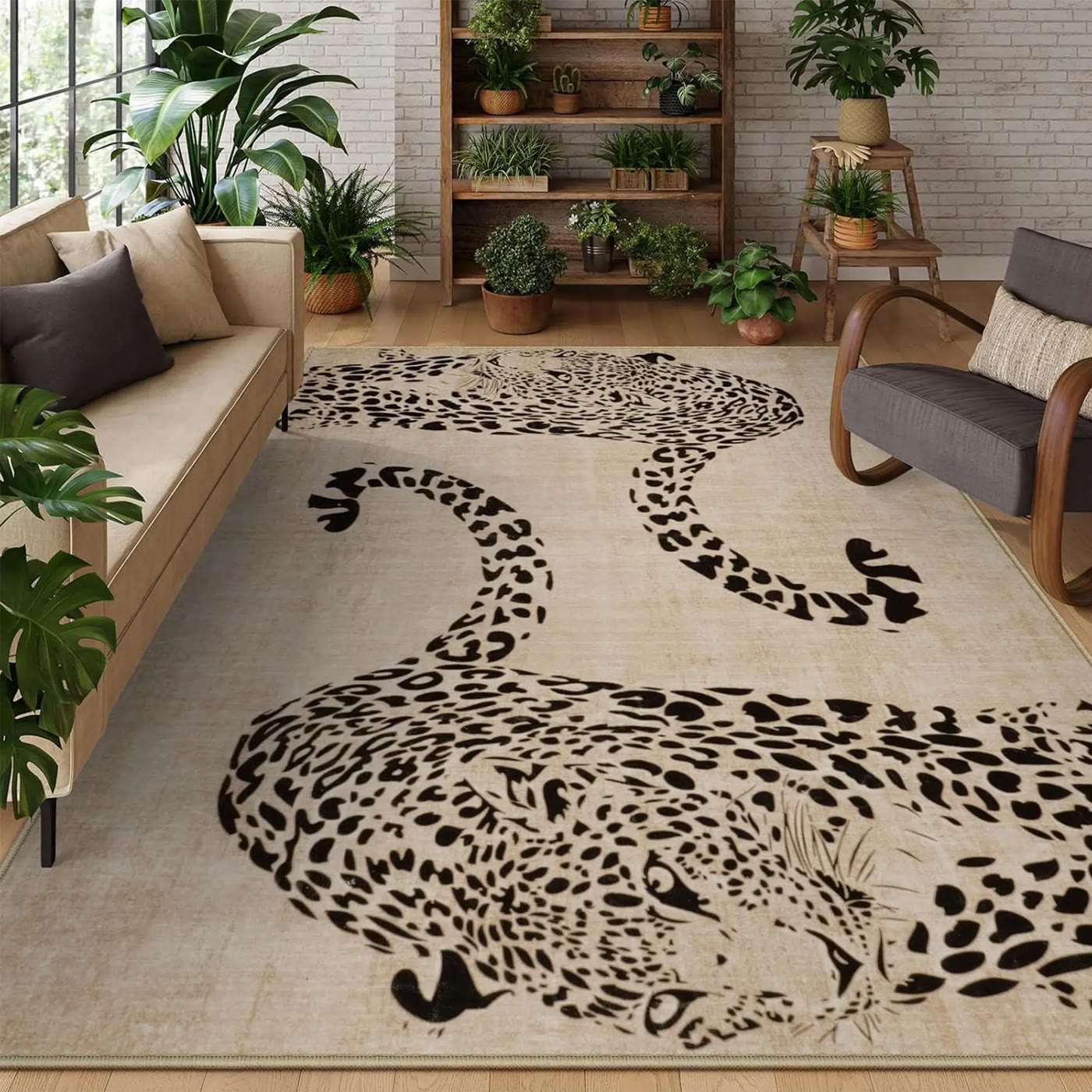 Beige Area Rug with Black Leopard Print
