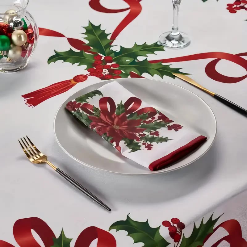 White Rectangular Tablecloth with Red Ribbon and Holly Print - photo 3
