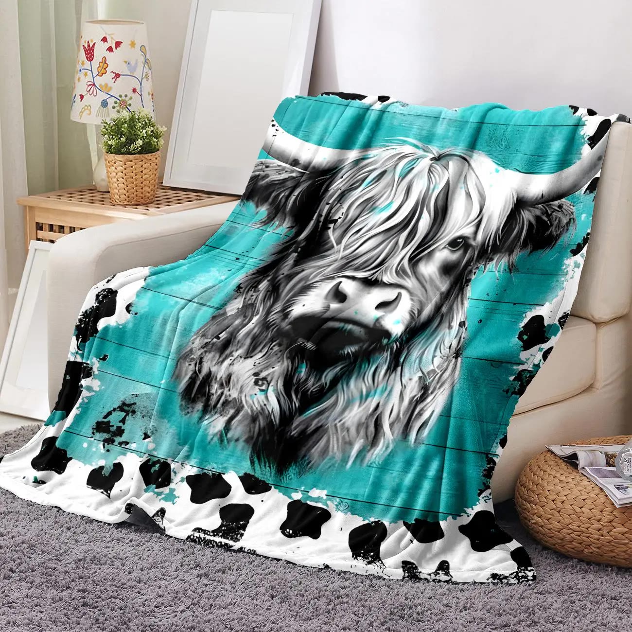 Highland Cow Print Throw Blanket in Teal - photo 2