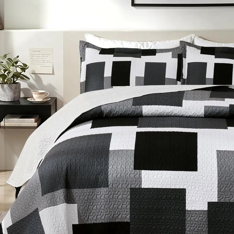 Black, Grey and White Block Pattern Quilt Set - photo 3