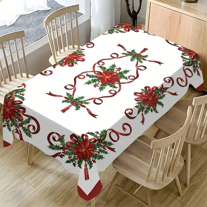 White Rectangular Tablecloth with Red Ribbon and Holly Print - photo 4