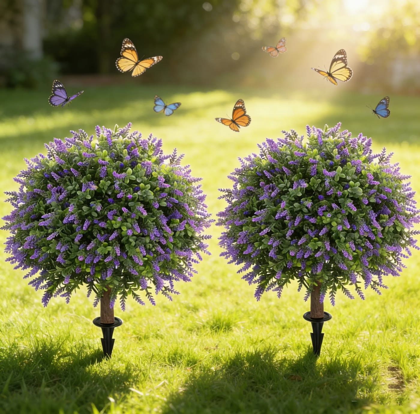 Pair of Lavender-Topped Faux Topiary Balls on Stakes