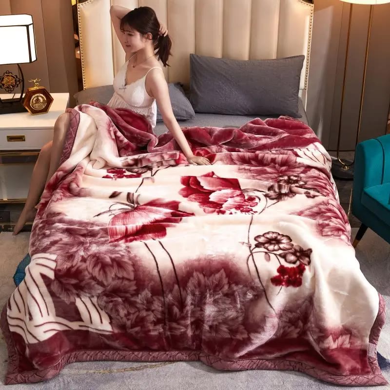 Thick Plush Blanket with Large Burgundy Floral Print