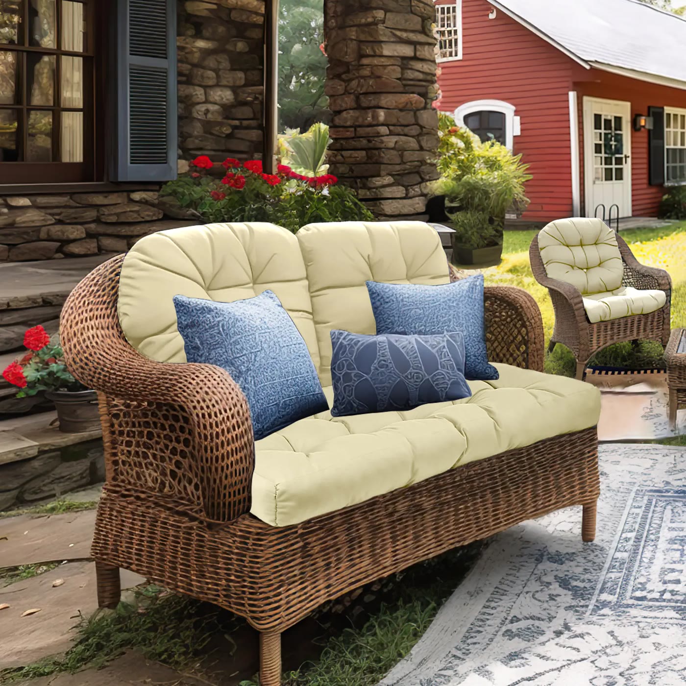 Cream Tufted Bench Cushion Set for Rattan Seating