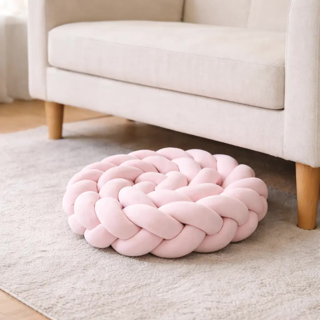 Round Pink Braided Knot Floor Cushion