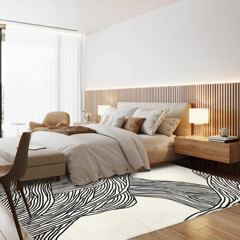 Cream Area Rug with Black Wavy Line Pattern - photo 3