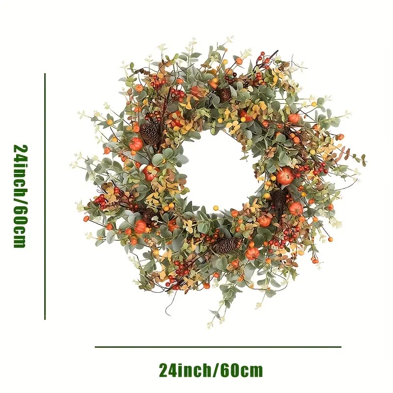 Round Faux Foliage Wreath with Pumpkins and Berries - photo 3
