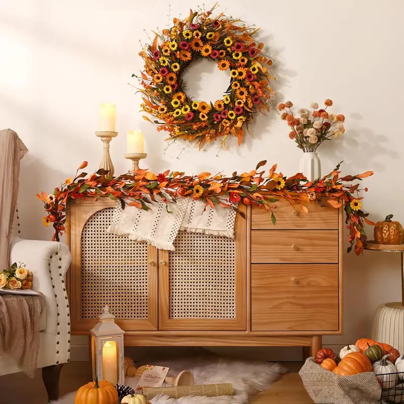 Round Autumn Door Wreath with Sunflowers and Orange Leaves - photo 4