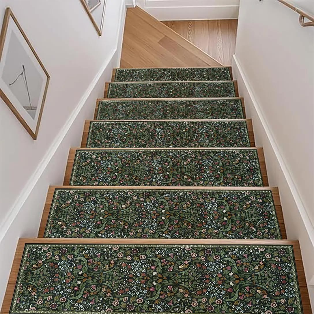 Green Floral Pattern Stair Tread Mat Set