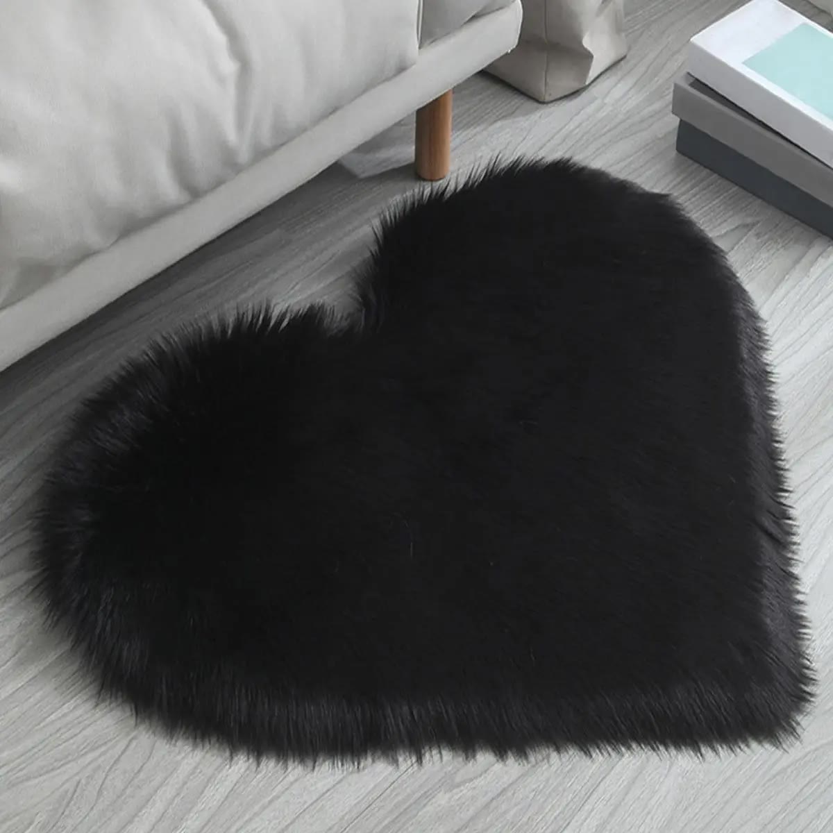 Black Heart Shaped Faux Fur Floor Rug