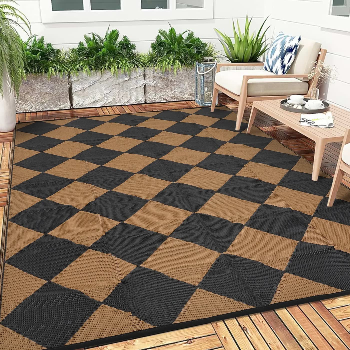 Black and Tan Diamond Pattern Woven Outdoor Rug