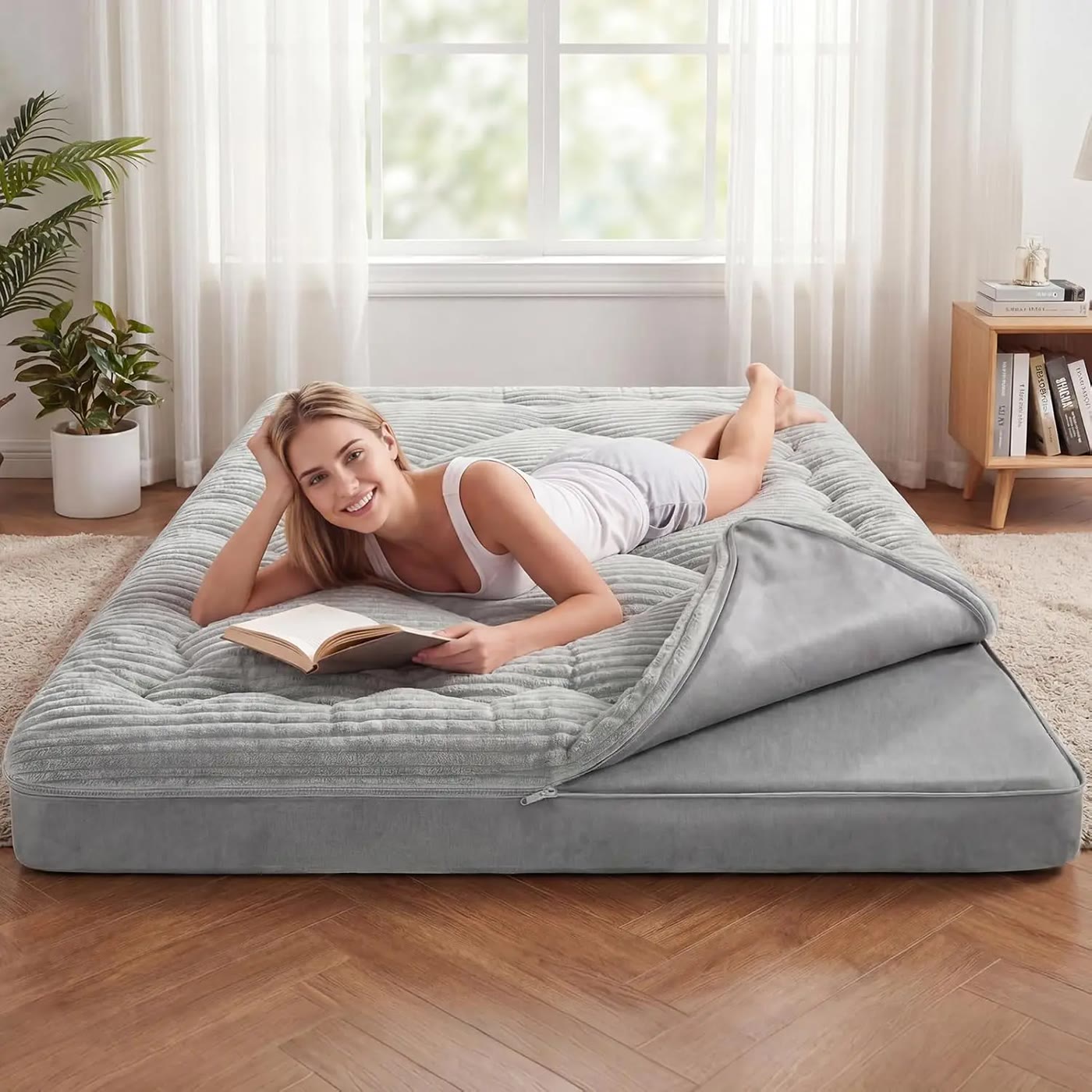 Grey Ribbed Foldable Floor Mattress With Zip Cover