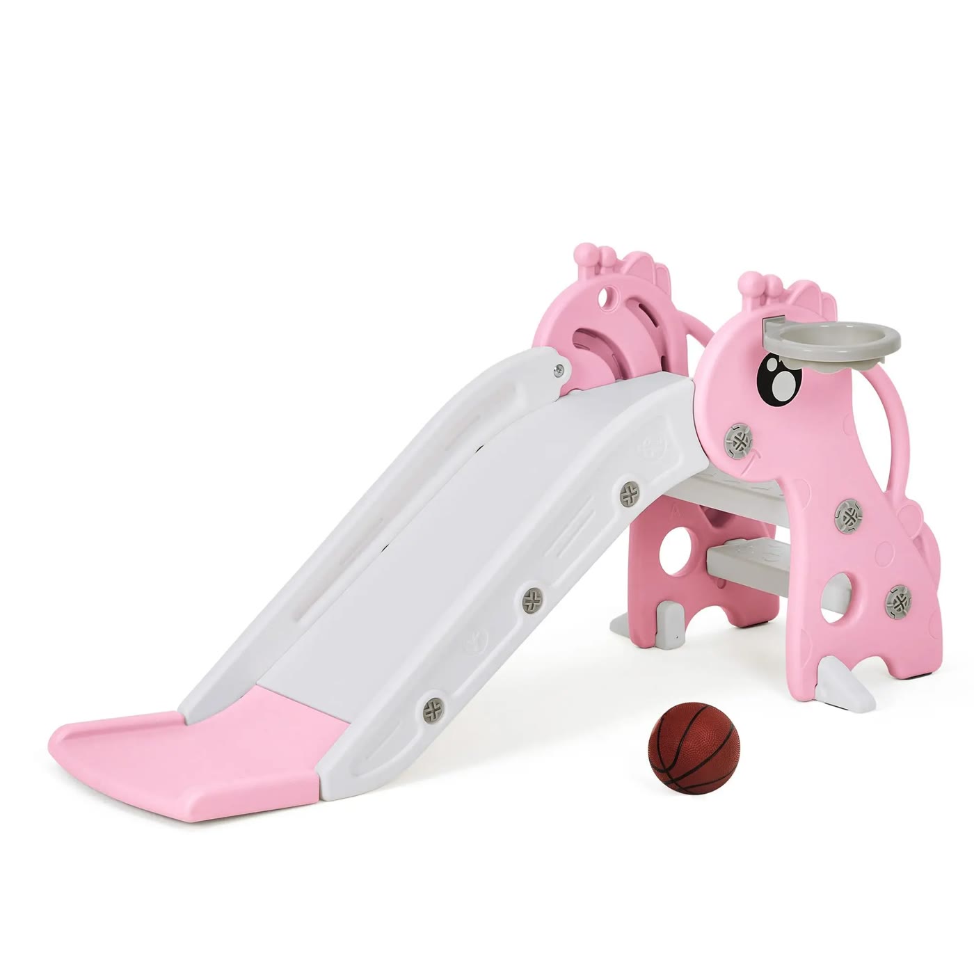 Pink and White Plastic Toddler Slide with Hoop