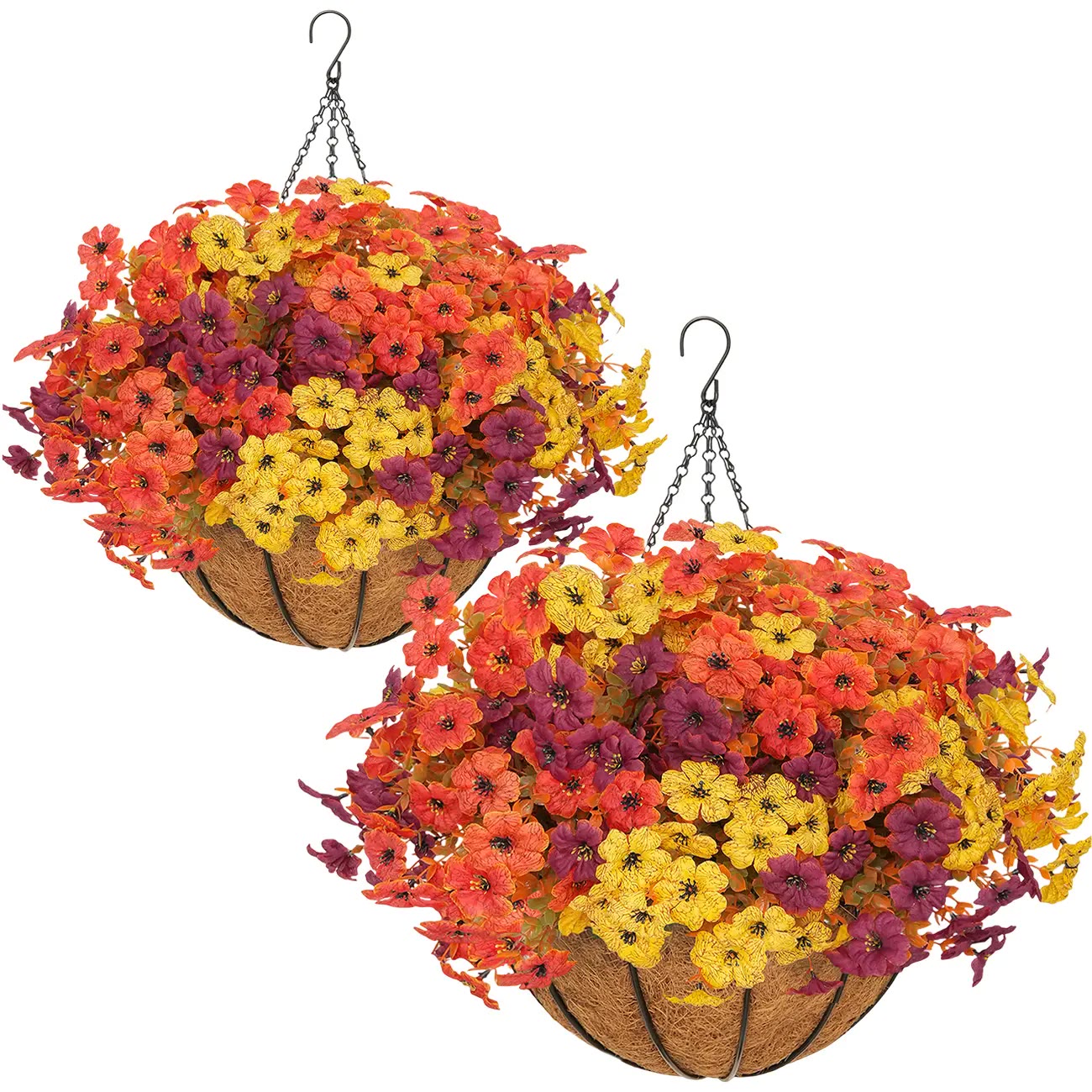 Hanging Coco-Liner Baskets with Orange and Yellow Flowers