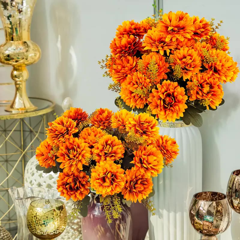 Orange Artificial Mum Bouquet with Green Leaves - photo 2