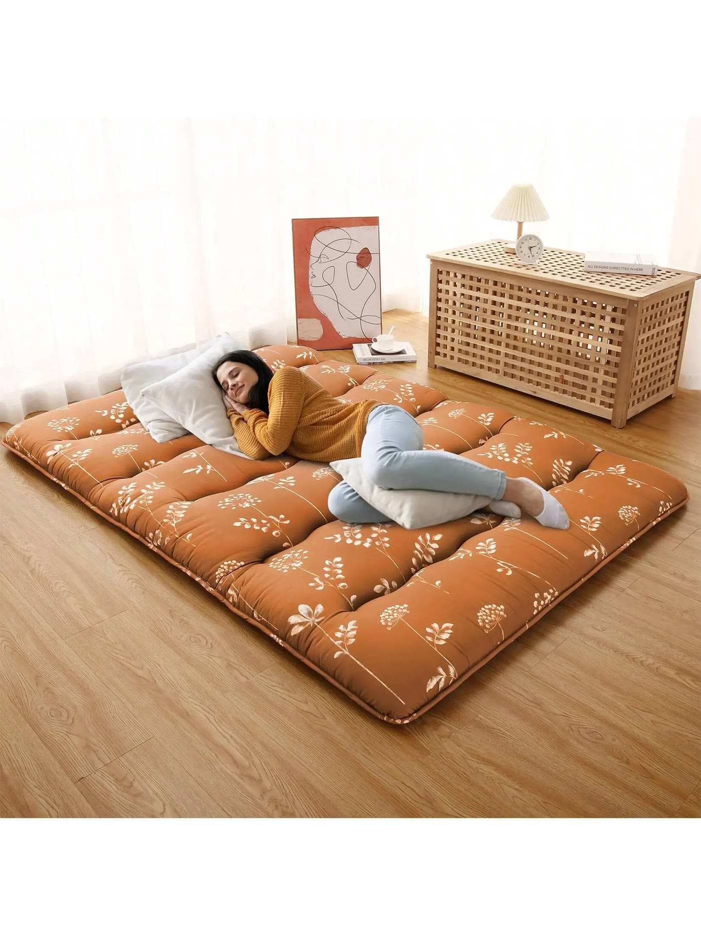 Orange Quilted Floor Mattress With Leaf Print