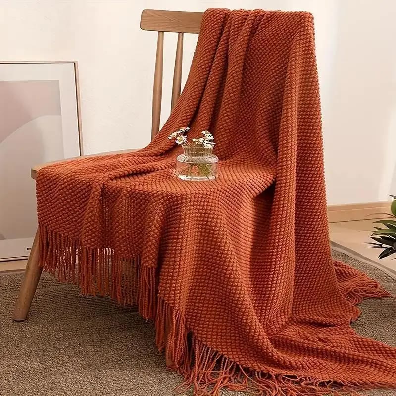 Rust Orange Knit Throw with Long Fringe - photo 3
